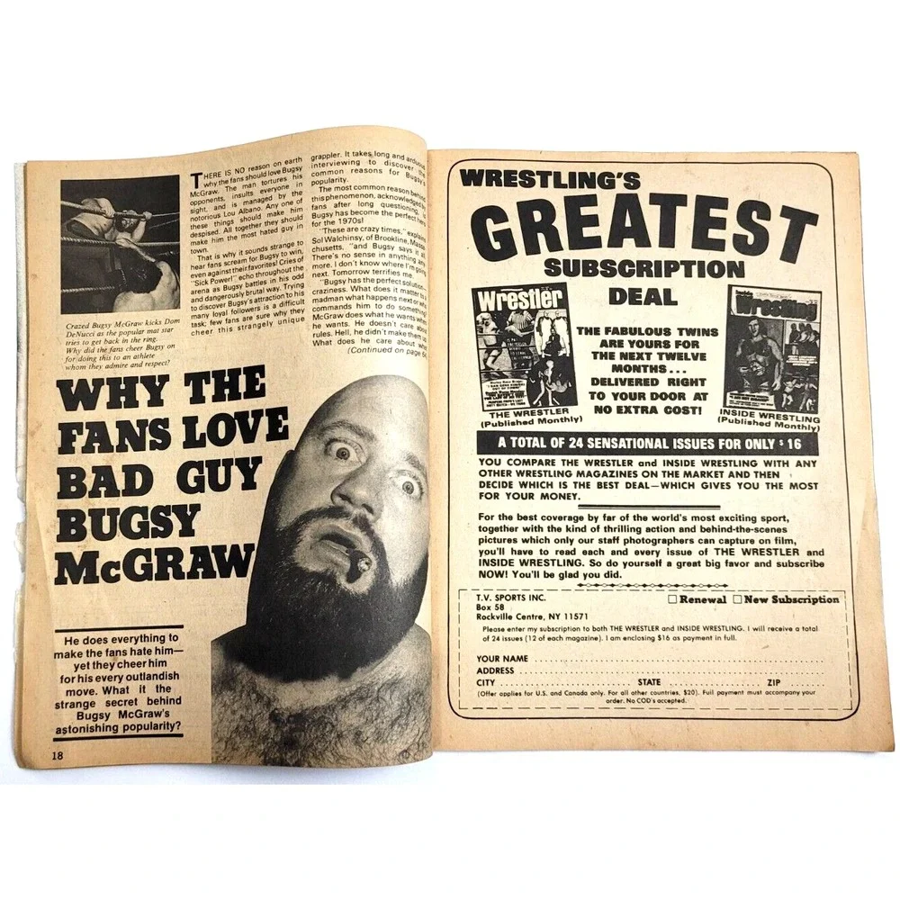 INSIDE WRESTLING - APRIL 1976 - RIC FLAIR / BUGSY MCGRAW /‎ MILS MASCARAS